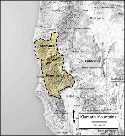 A greyscale topographic map of northern California and Southern Oregon, with the Klamath Mountain ecoregion highlighted in yellow.